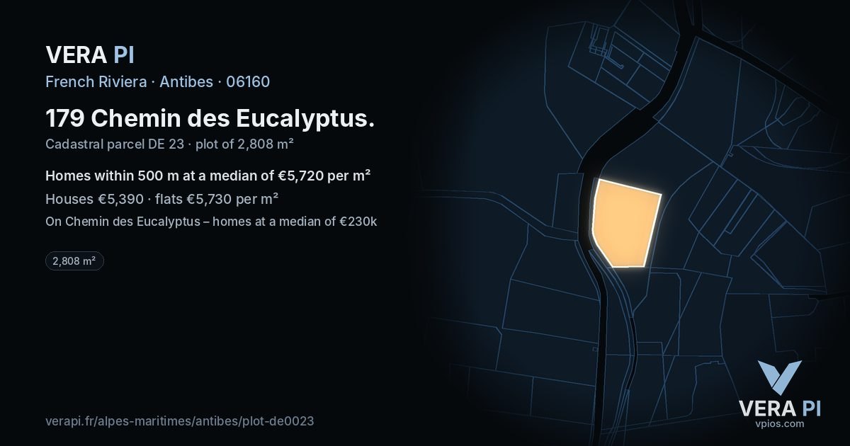 179 Chemin des Eucalyptus, Antibes at night – the plot lit, the parcels around coloured by the prices near them