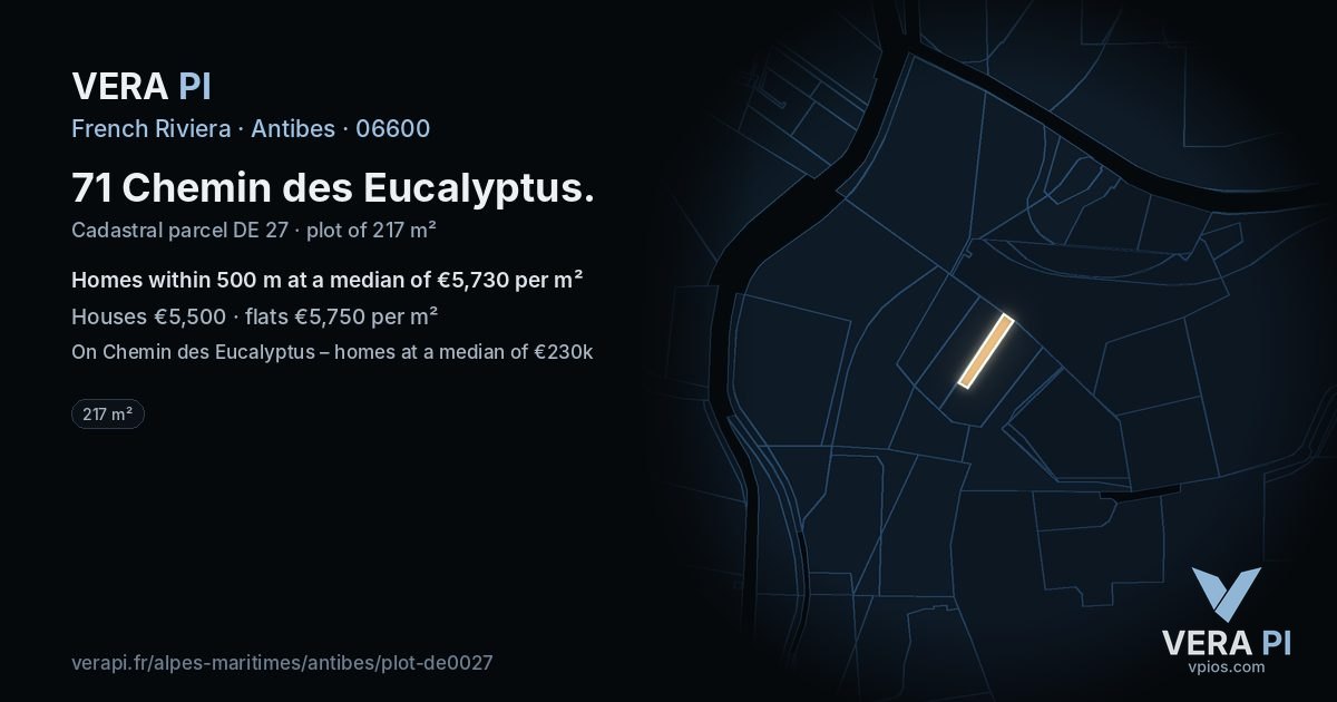 71 Chemin des Eucalyptus, Antibes at night – the plot lit, the parcels around coloured by the prices near them