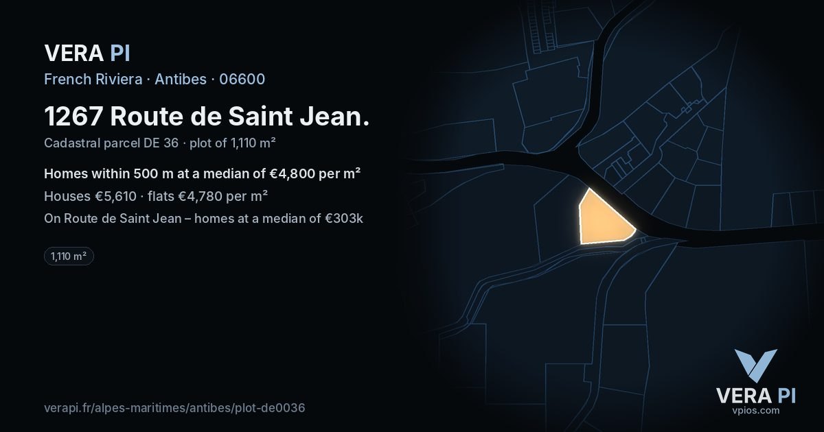 1267 Route de Saint Jean, Antibes at night – the plot lit, the parcels around coloured by the prices near them
