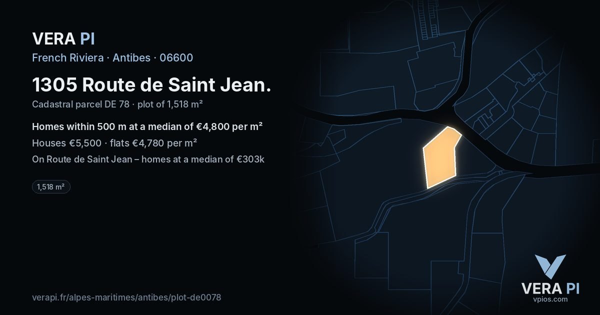 1305 Route de Saint Jean, Antibes at night – the plot lit, the parcels around coloured by the prices near them