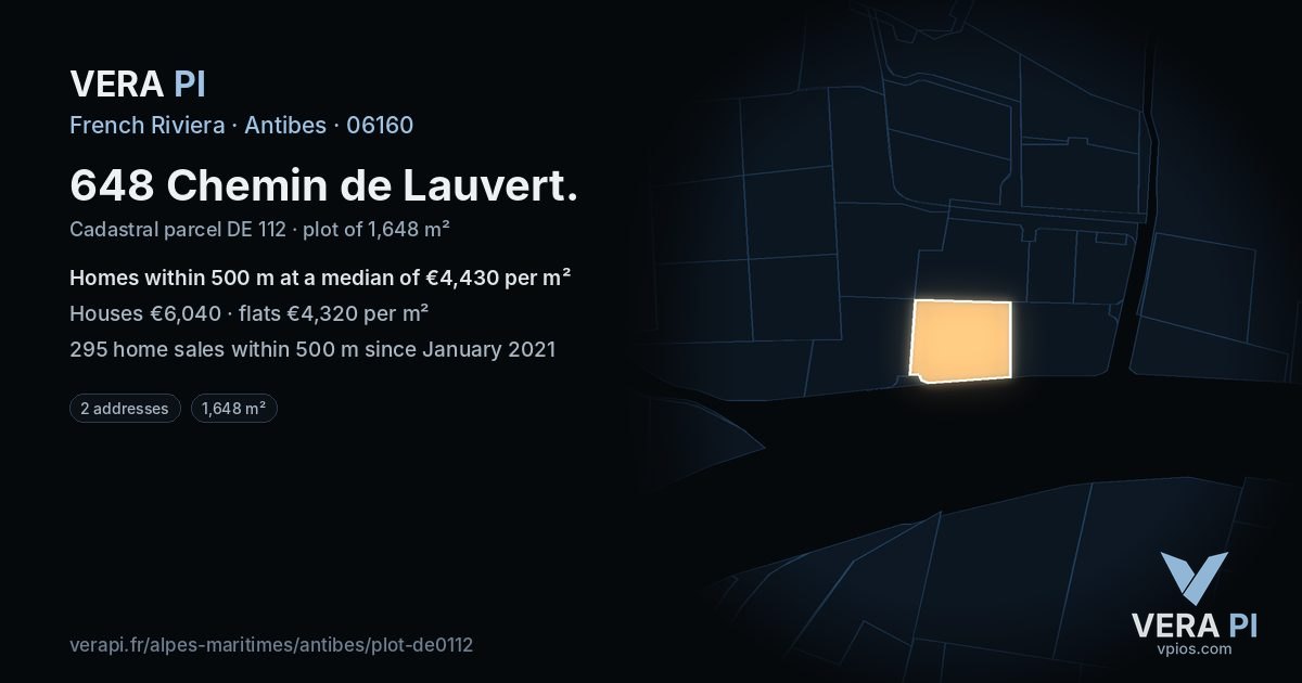 648 Chemin de Lauvert, Antibes at night – the plot lit, the parcels around coloured by the prices near them