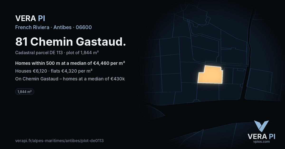 81 Chemin Gastaud, Antibes at night – the plot lit, the parcels around coloured by the prices near them