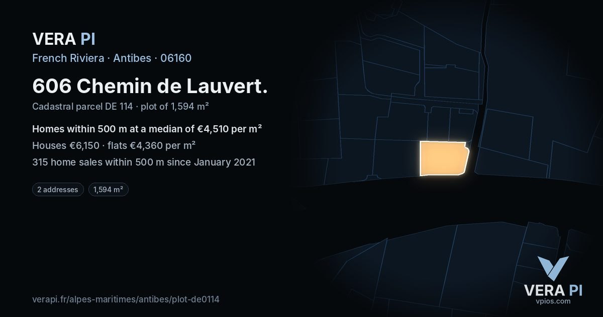 606 Chemin de Lauvert, Antibes at night – the plot lit, the parcels around coloured by the prices near them