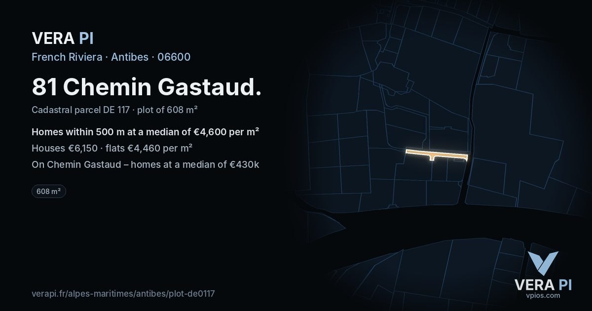81 Chemin Gastaud, Antibes at night – the plot lit, the parcels around coloured by the prices near them