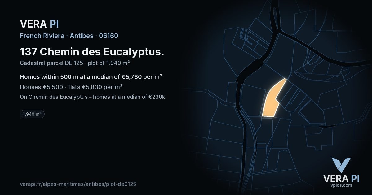 137 Chemin des Eucalyptus, Antibes at night – the plot lit, the parcels around coloured by the prices near them