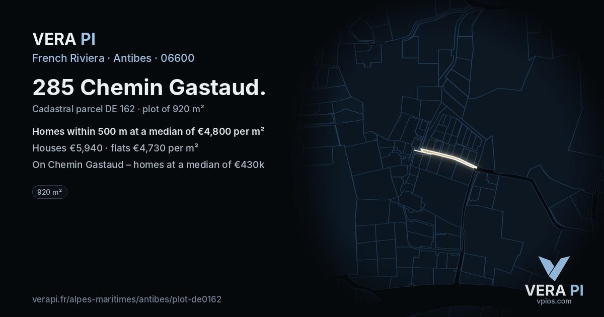 285 Chemin Gastaud, Antibes at night – the plot lit, the parcels around coloured by the prices near them