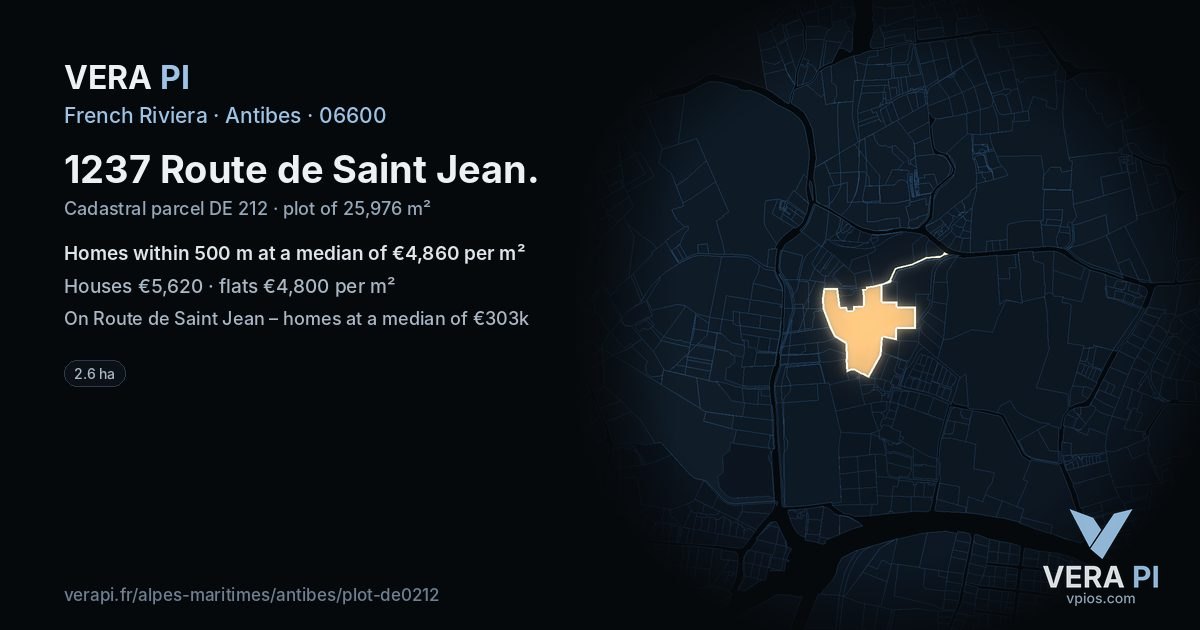1237 Route de Saint Jean, Antibes at night – the plot lit, the parcels around coloured by the prices near them