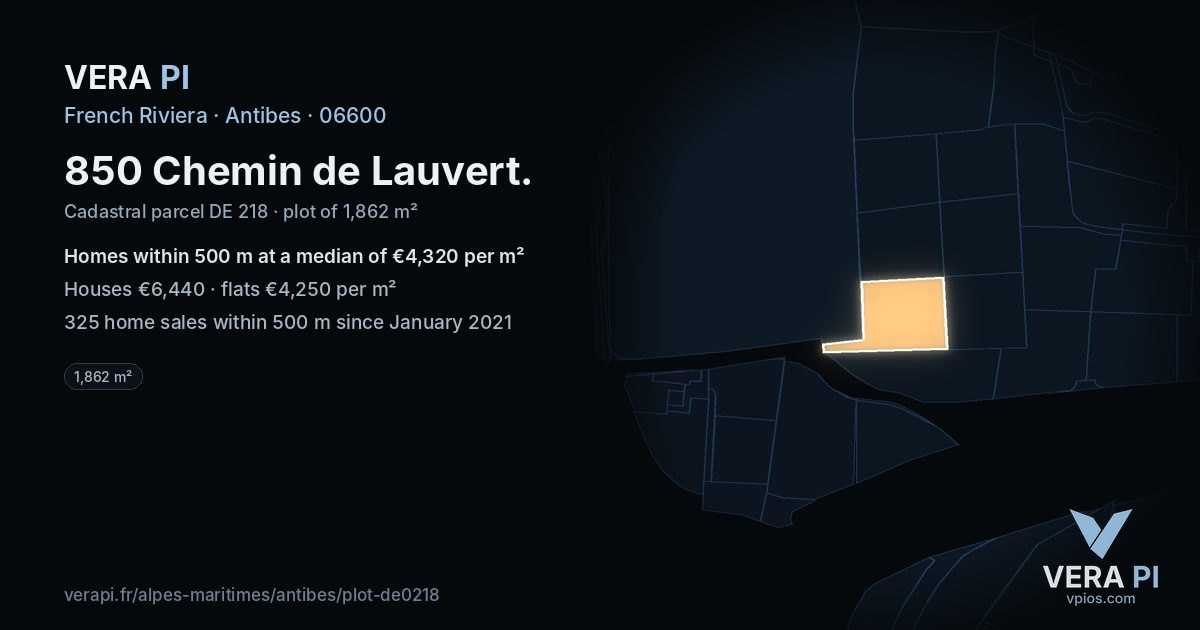 850 Chemin de Lauvert, Antibes at night – the plot lit, the parcels around coloured by the prices near them