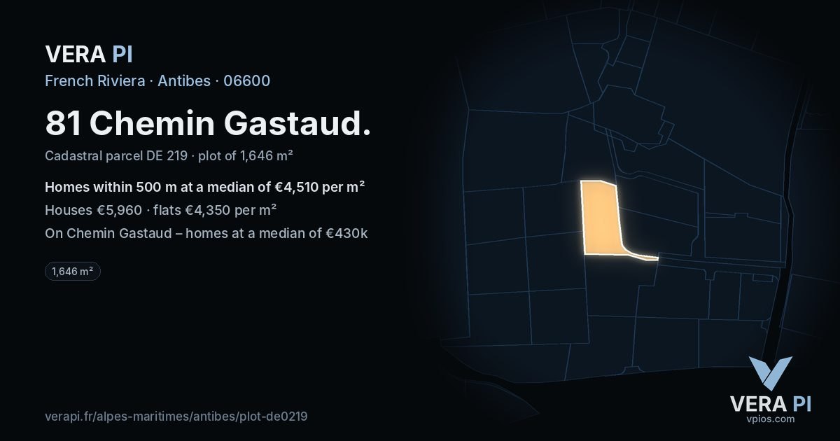 81 Chemin Gastaud, Antibes at night – the plot lit, the parcels around coloured by the prices near them