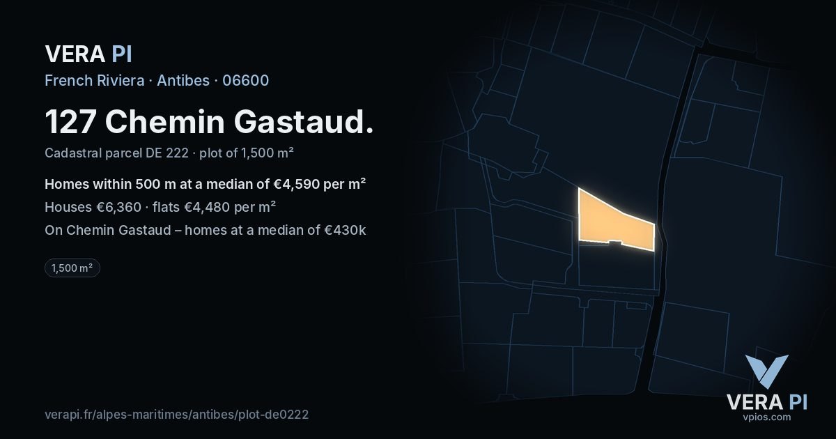 127 Chemin Gastaud, Antibes at night – the plot lit, the parcels around coloured by the prices near them