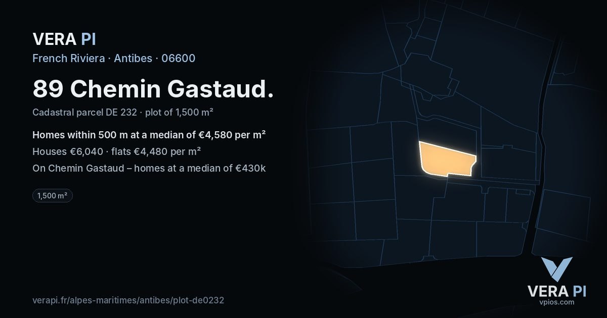 89 Chemin Gastaud, Antibes at night – the plot lit, the parcels around coloured by the prices near them
