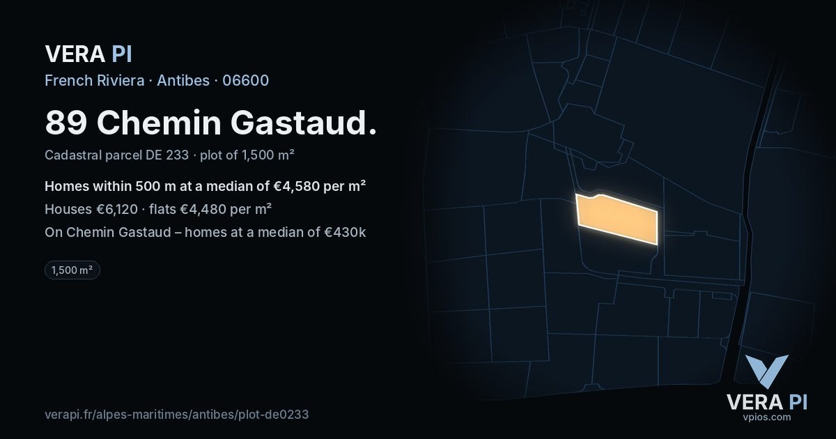 89 Chemin Gastaud, Antibes at night – the plot lit, the parcels around coloured by the prices near them