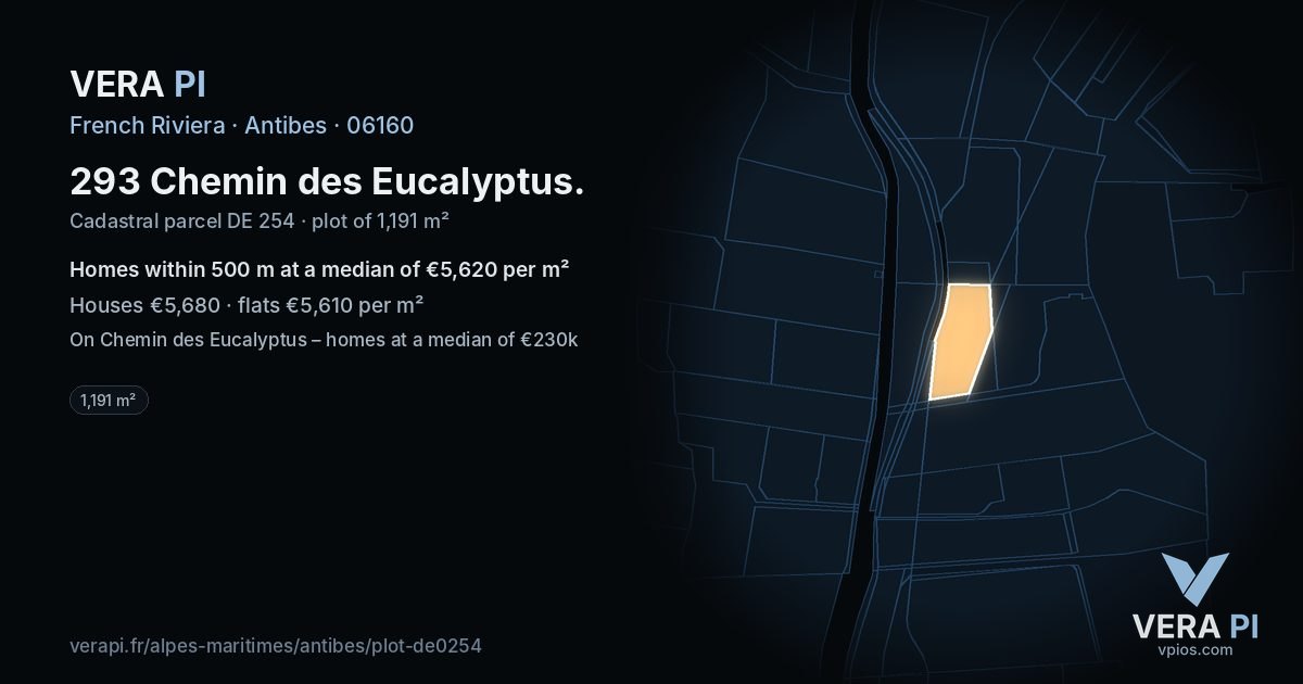 293 Chemin des Eucalyptus, Antibes at night – the plot lit, the parcels around coloured by the prices near them
