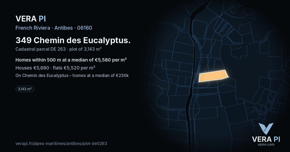 349 Chemin des Eucalyptus, Antibes at night – the plot lit, the parcels around coloured by the prices near them