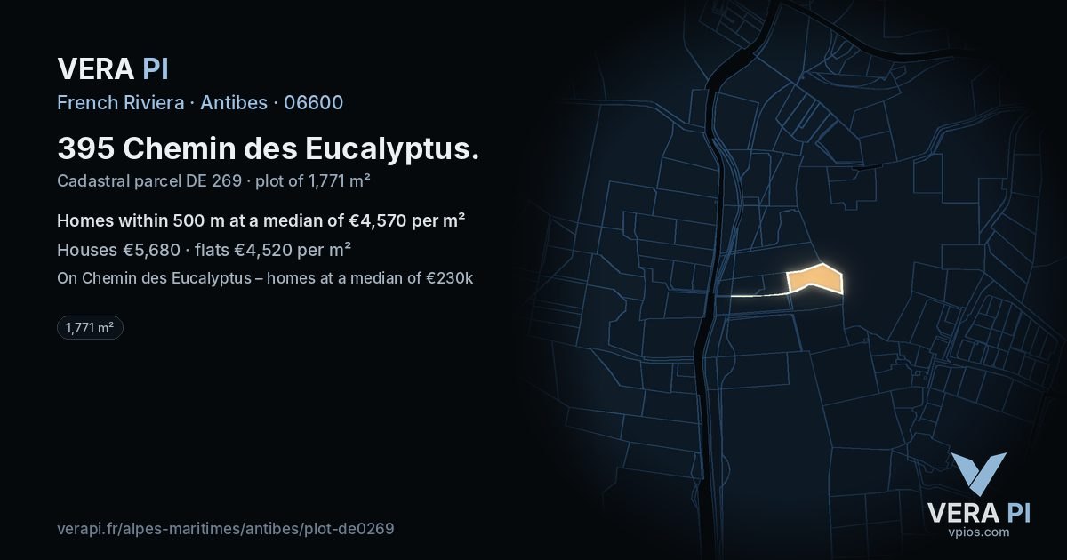 395 Chemin des Eucalyptus, Antibes at night – the plot lit, the parcels around coloured by the prices near them