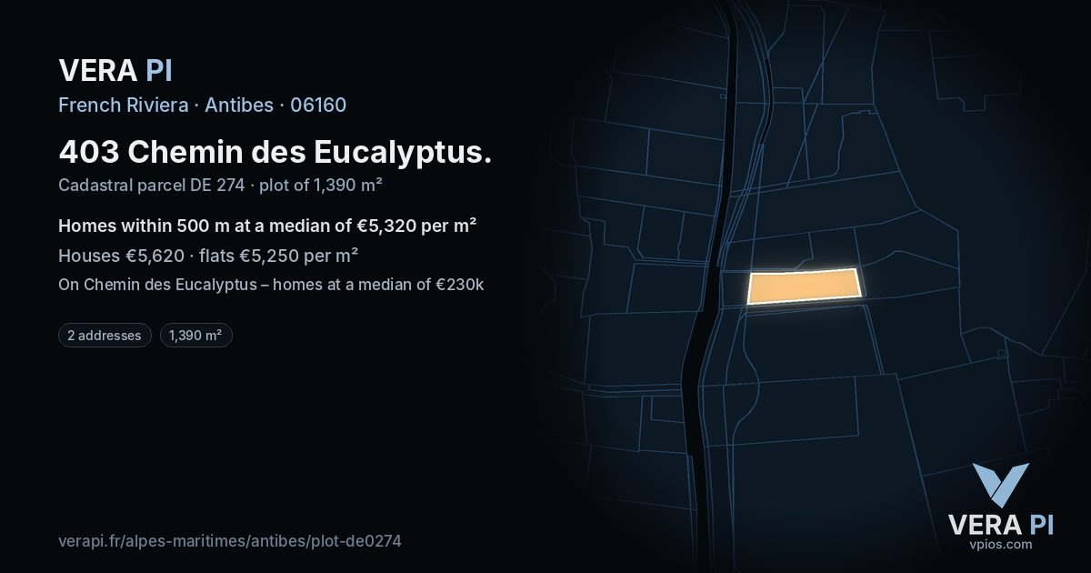 403 Chemin des Eucalyptus, Antibes at night – the plot lit, the parcels around coloured by the prices near them