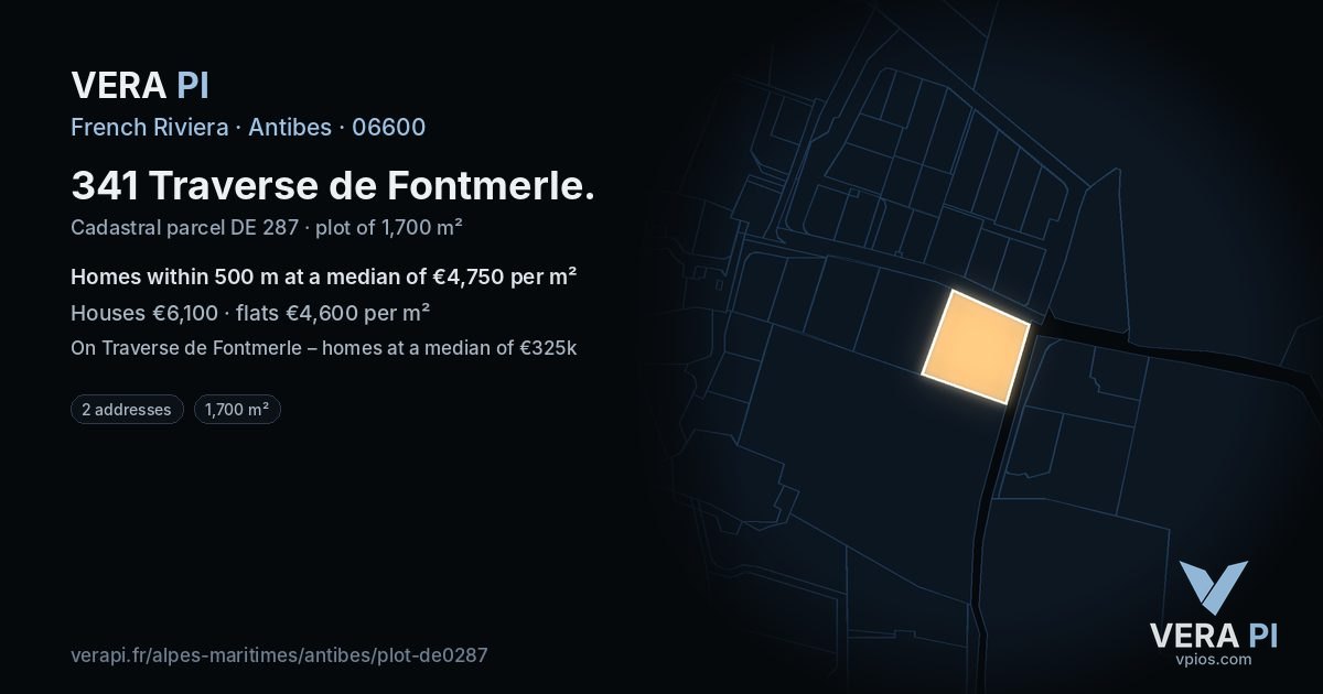 341 Traverse de Fontmerle, Antibes at night – the plot lit, the parcels around coloured by the prices near them