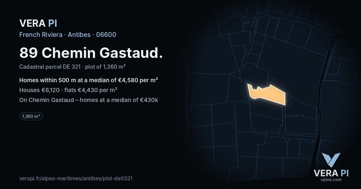 89 Chemin Gastaud, Antibes at night – the plot lit, the parcels around coloured by the prices near them