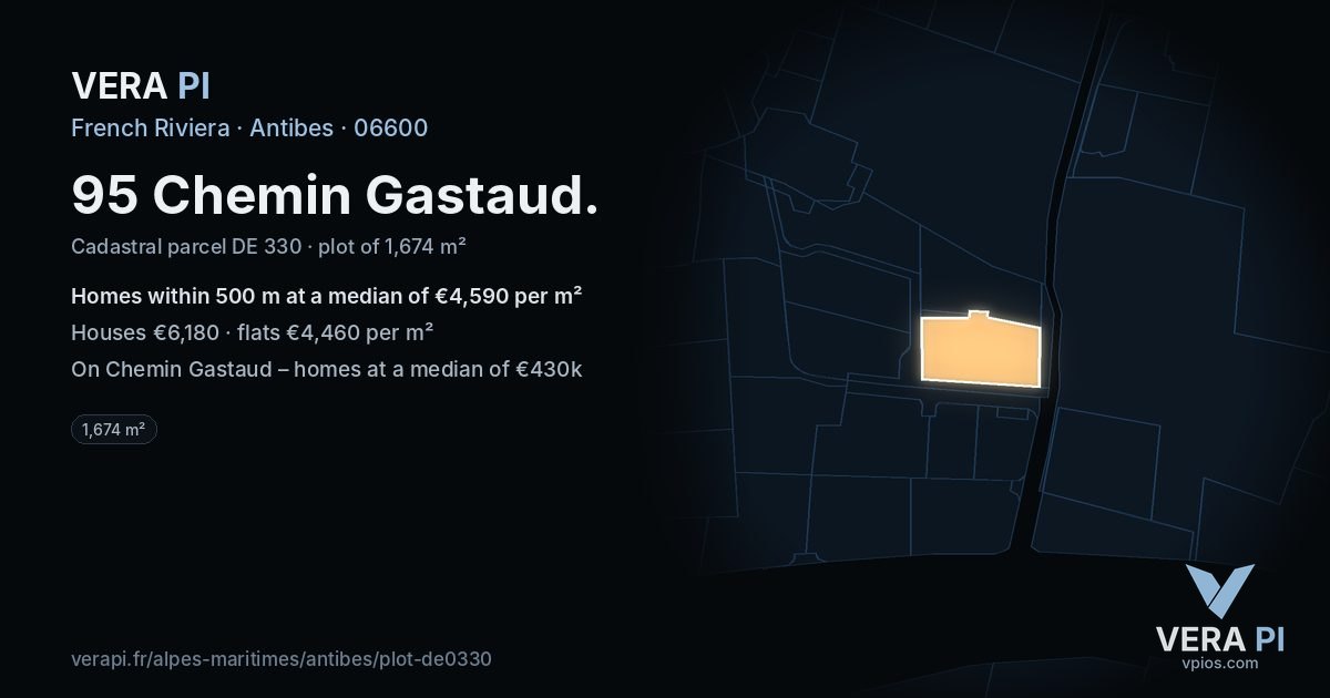 95 Chemin Gastaud, Antibes at night – the plot lit, the parcels around coloured by the prices near them