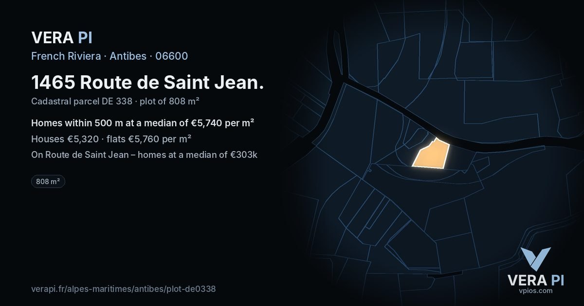 1465 Route de Saint Jean, Antibes at night – the plot lit, the parcels around coloured by the prices near them