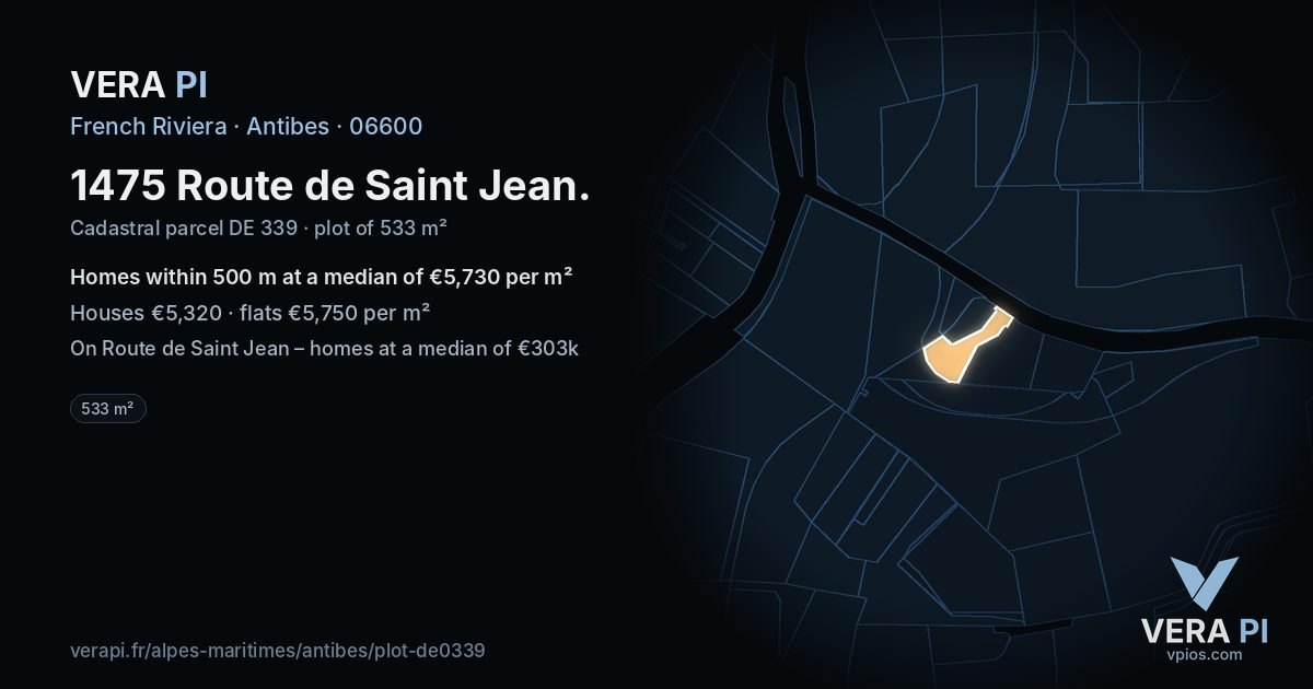 1475 Route de Saint Jean, Antibes at night – the plot lit, the parcels around coloured by the prices near them