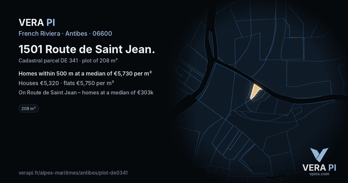 1501 Route de Saint Jean, Antibes at night – the plot lit, the parcels around coloured by the prices near them