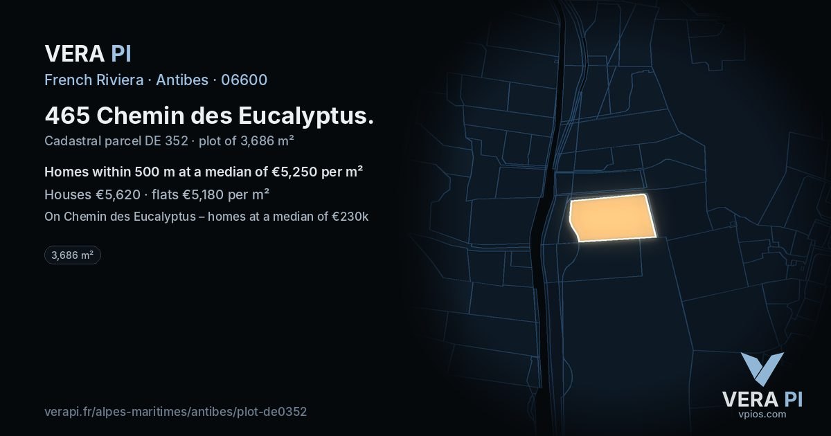 465 Chemin des Eucalyptus, Antibes at night – the plot lit, the parcels around coloured by the prices near them