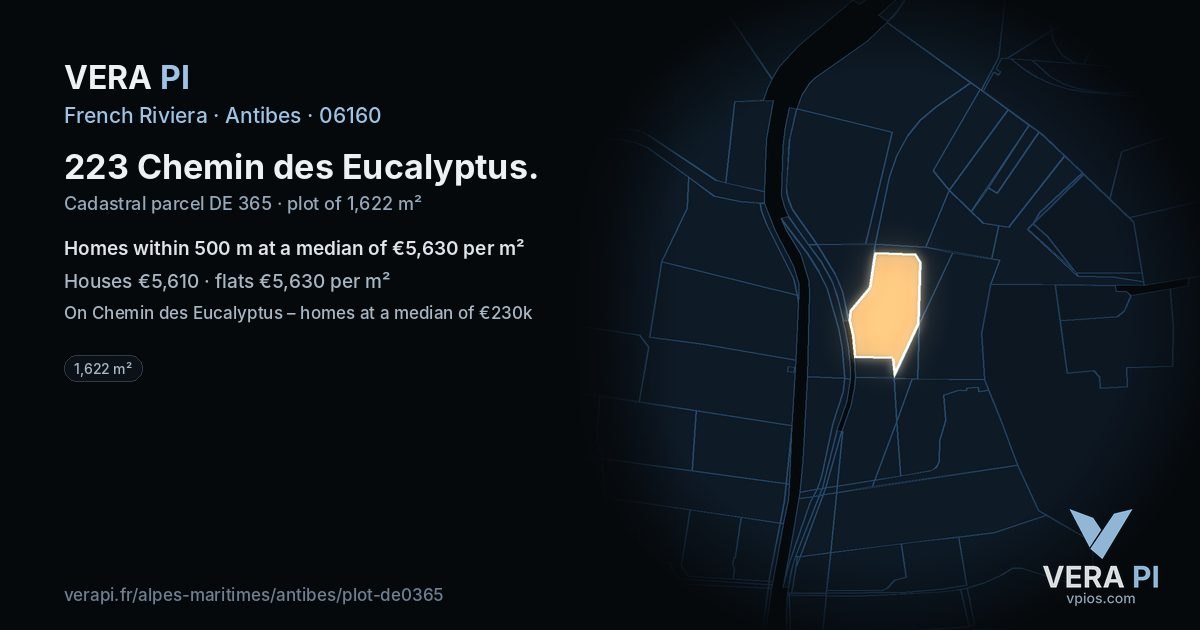 223 Chemin des Eucalyptus, Antibes at night – the plot lit, the parcels around coloured by the prices near them