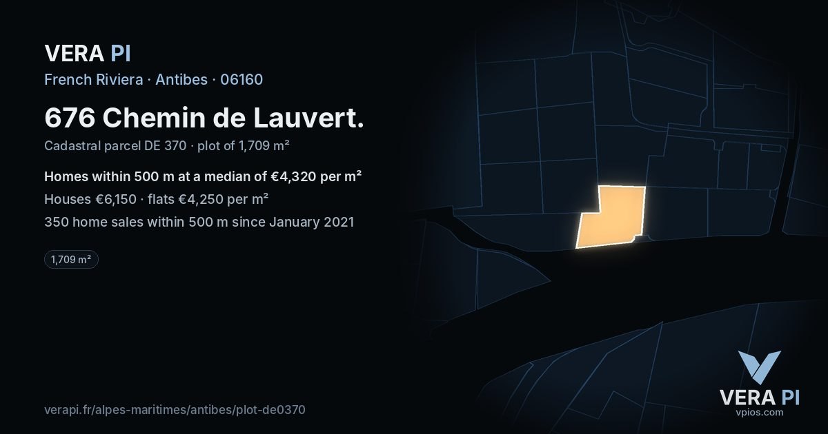 676 Chemin de Lauvert, Antibes at night – the plot lit, the parcels around coloured by the prices near them