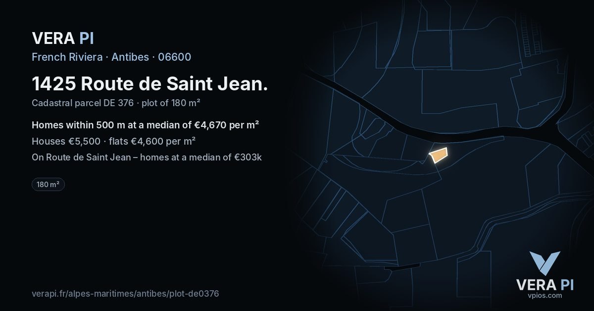 1425 Route de Saint Jean, Antibes at night – the plot lit, the parcels around coloured by the prices near them