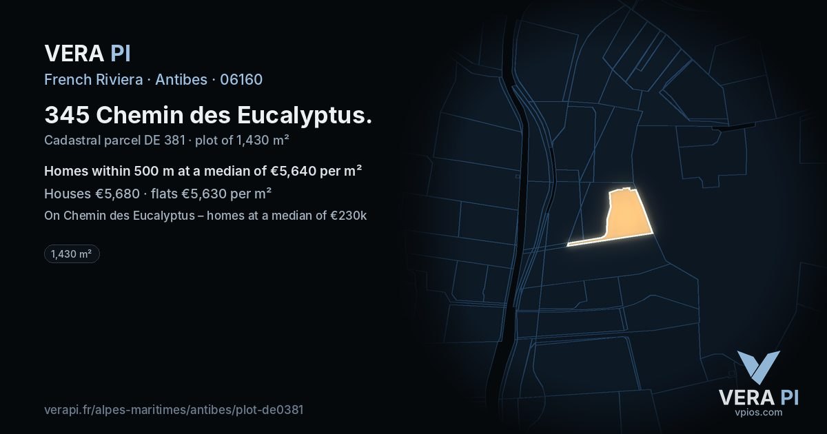 345 Chemin des Eucalyptus, Antibes at night – the plot lit, the parcels around coloured by the prices near them