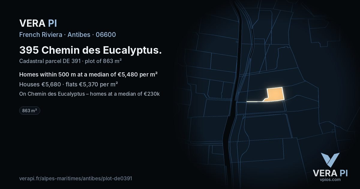 395 Chemin des Eucalyptus, Antibes at night – the plot lit, the parcels around coloured by the prices near them