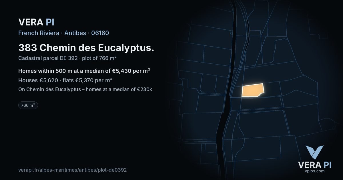 383 Chemin des Eucalyptus, Antibes at night – the plot lit, the parcels around coloured by the prices near them