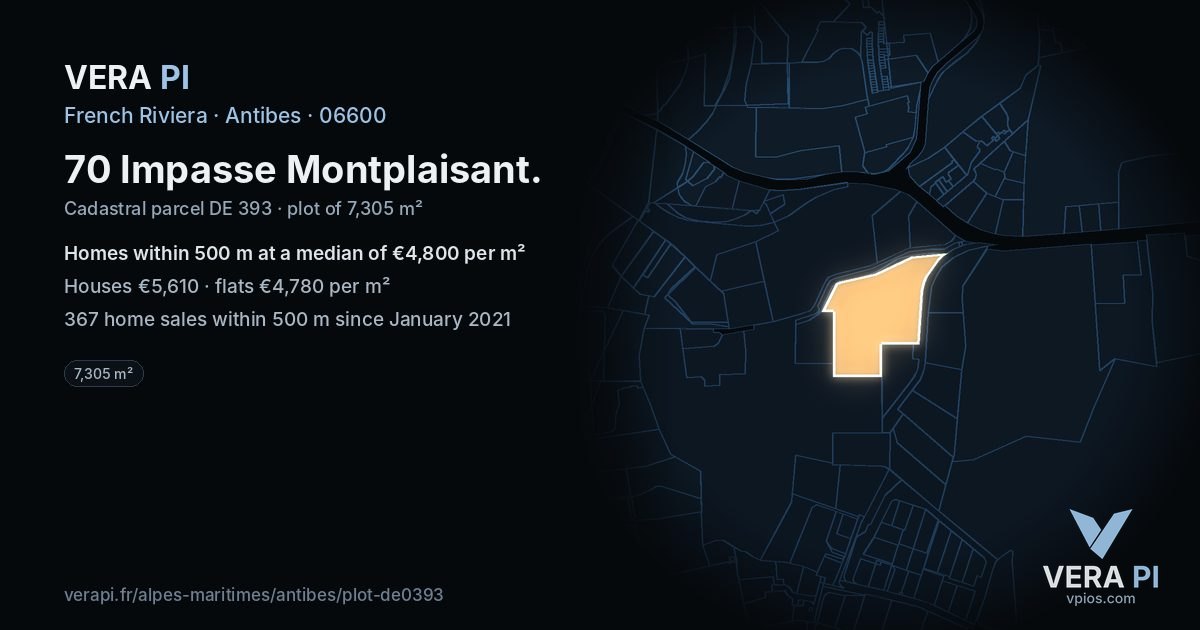 70 Impasse Montplaisant, Antibes at night – the plot lit, the parcels around coloured by the prices near them