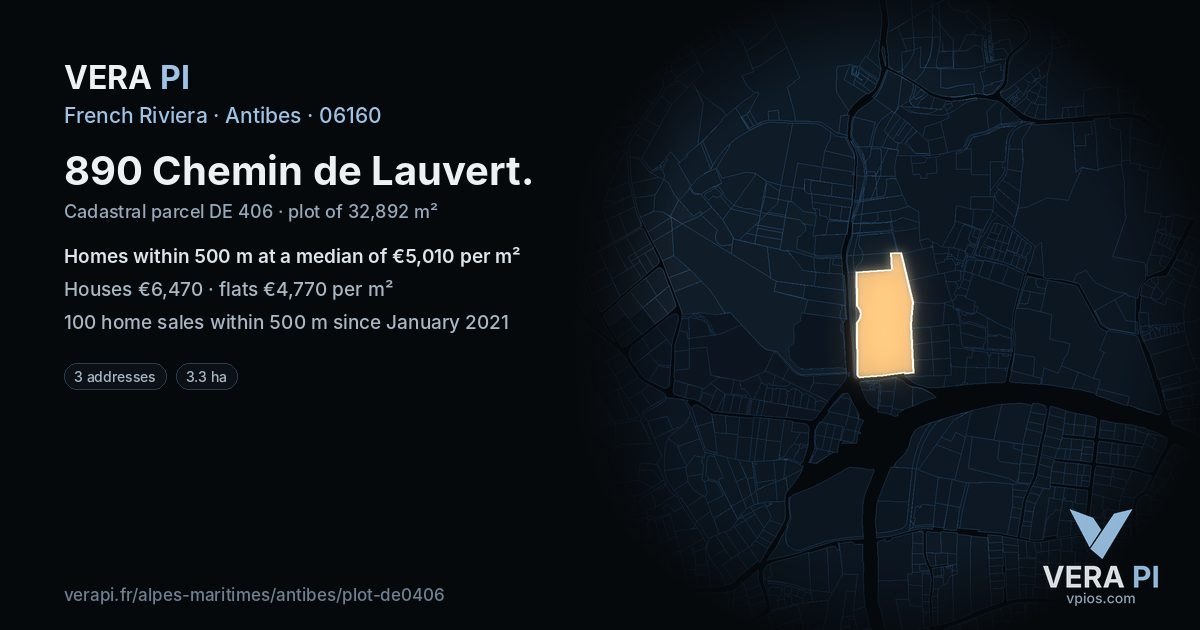 890 Chemin de Lauvert, Antibes at night – the plot lit, the parcels around coloured by the prices near them