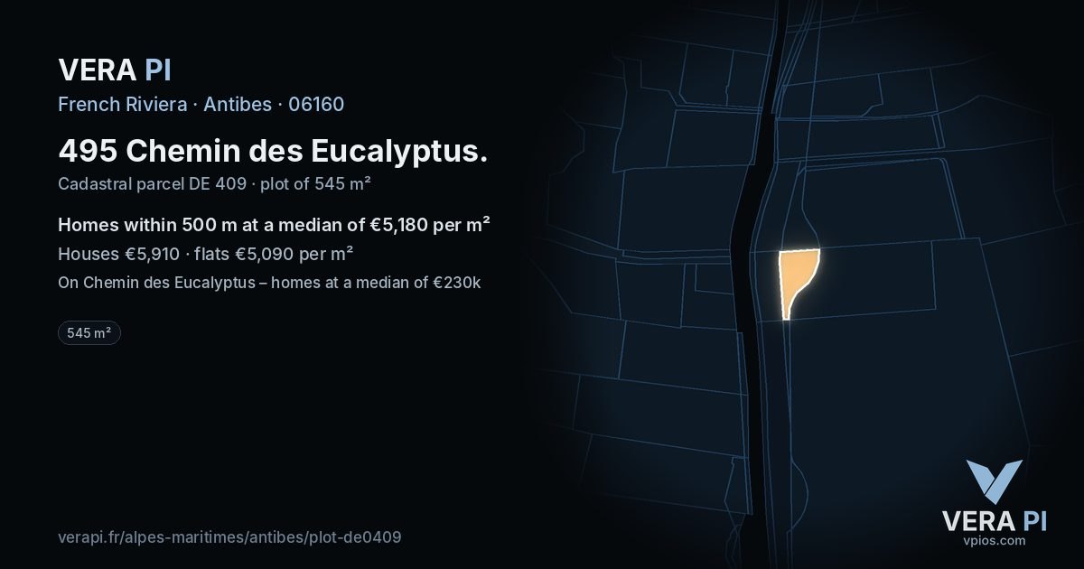 495 Chemin des Eucalyptus, Antibes at night – the plot lit, the parcels around coloured by the prices near them