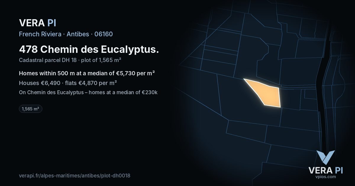 478 Chemin des Eucalyptus, Antibes at night – the plot lit, the parcels around coloured by the prices near them