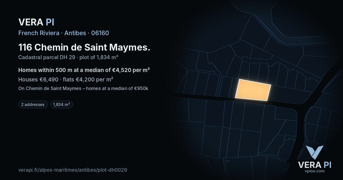 116 Chemin de Saint Maymes, Antibes at night – the plot lit, the parcels around coloured by the prices near them