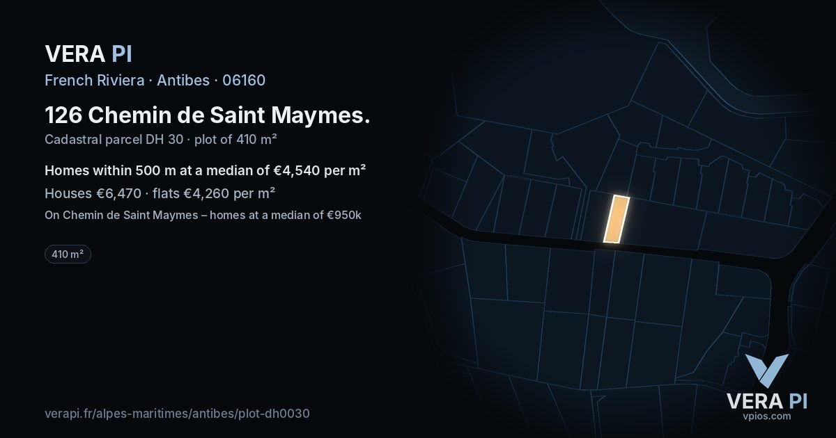 126 Chemin de Saint Maymes, Antibes at night – the plot lit, the parcels around coloured by the prices near them