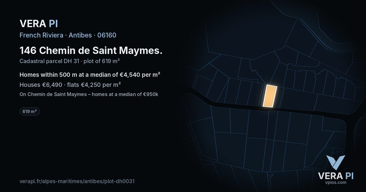 146 Chemin de Saint Maymes, Antibes at night – the plot lit, the parcels around coloured by the prices near them
