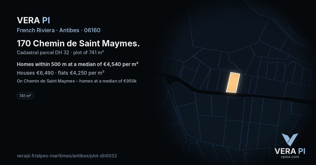 170 Chemin de Saint Maymes, Antibes at night – the plot lit, the parcels around coloured by the prices near them