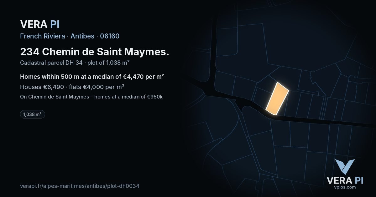 234 Chemin de Saint Maymes, Antibes at night – the plot lit, the parcels around coloured by the prices near them