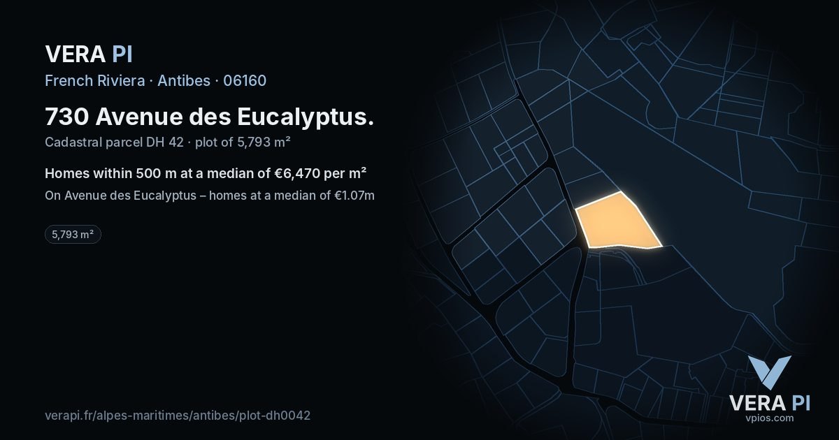 730 Avenue des Eucalyptus, Antibes at night – the plot lit, the parcels around coloured by the prices near them