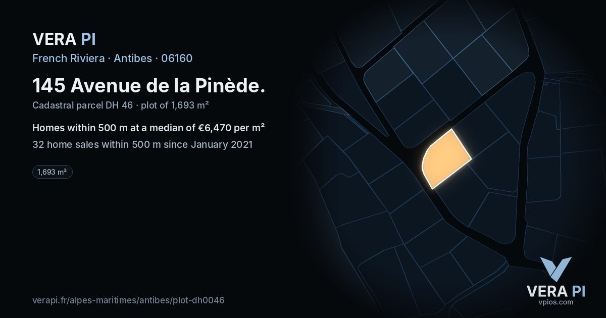145 Avenue de la Pinède, Antibes at night – the plot lit, the parcels around coloured by the prices near them