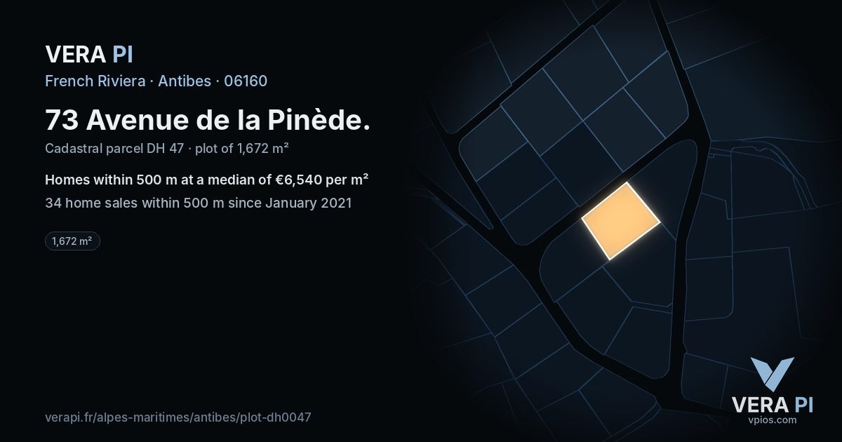 73 Avenue de la Pinède, Antibes at night – the plot lit, the parcels around coloured by the prices near them