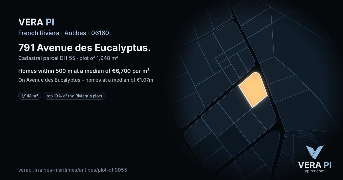 791 Avenue des Eucalyptus, Antibes at night – the plot lit, the parcels around coloured by the prices near them