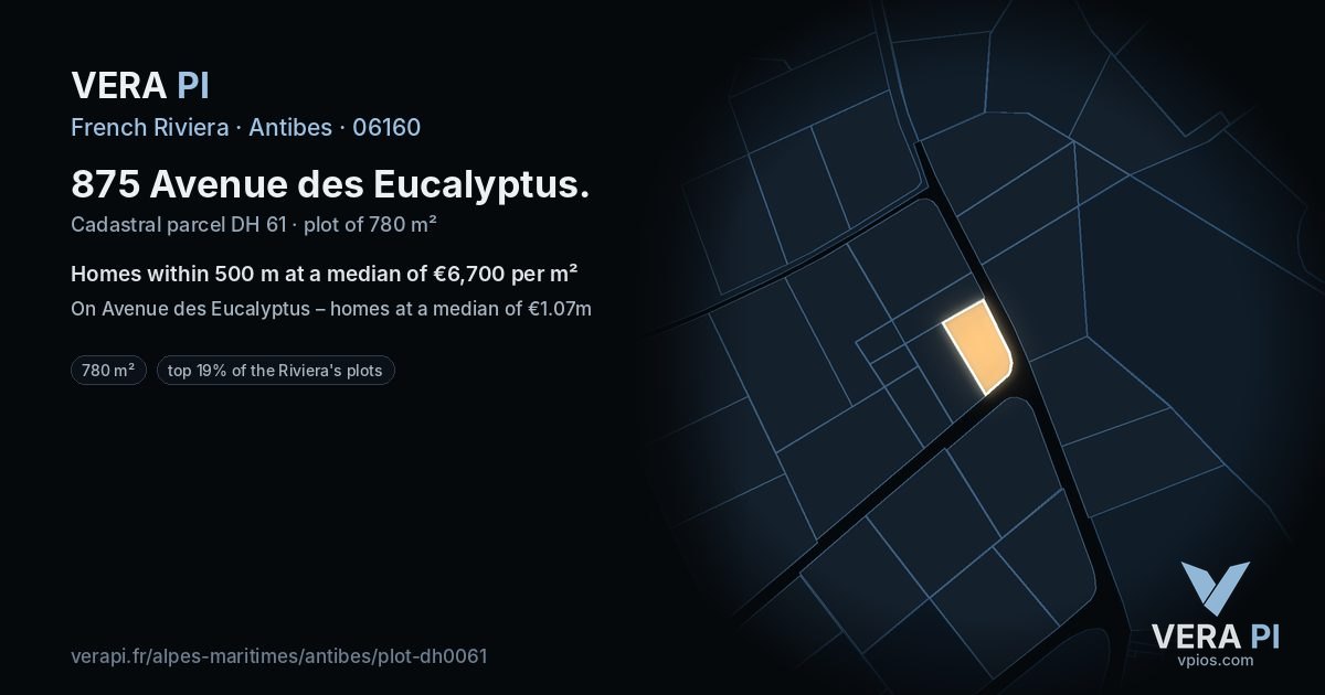 875 Avenue des Eucalyptus, Antibes at night – the plot lit, the parcels around coloured by the prices near them