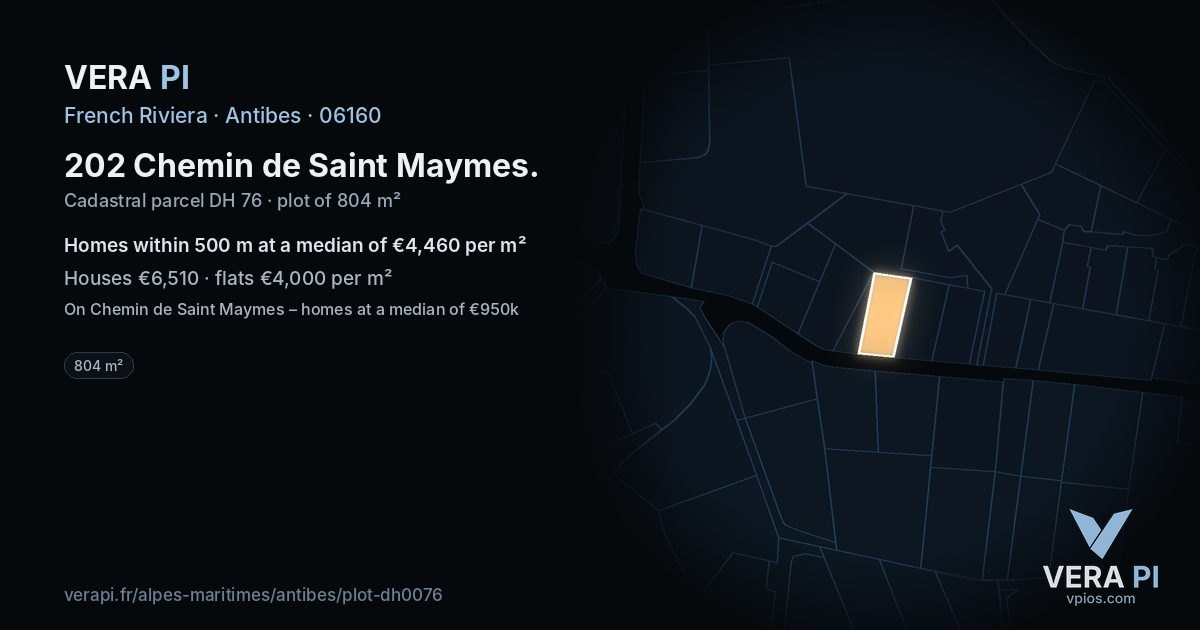 202 Chemin de Saint Maymes, Antibes at night – the plot lit, the parcels around coloured by the prices near them
