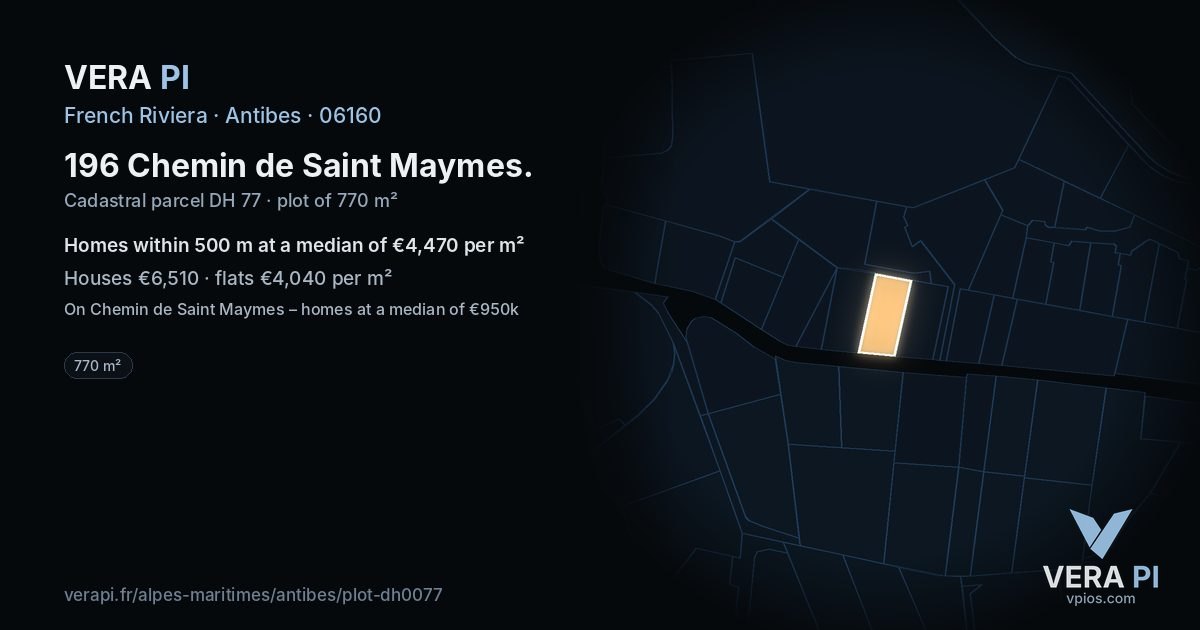 196 Chemin de Saint Maymes, Antibes at night – the plot lit, the parcels around coloured by the prices near them