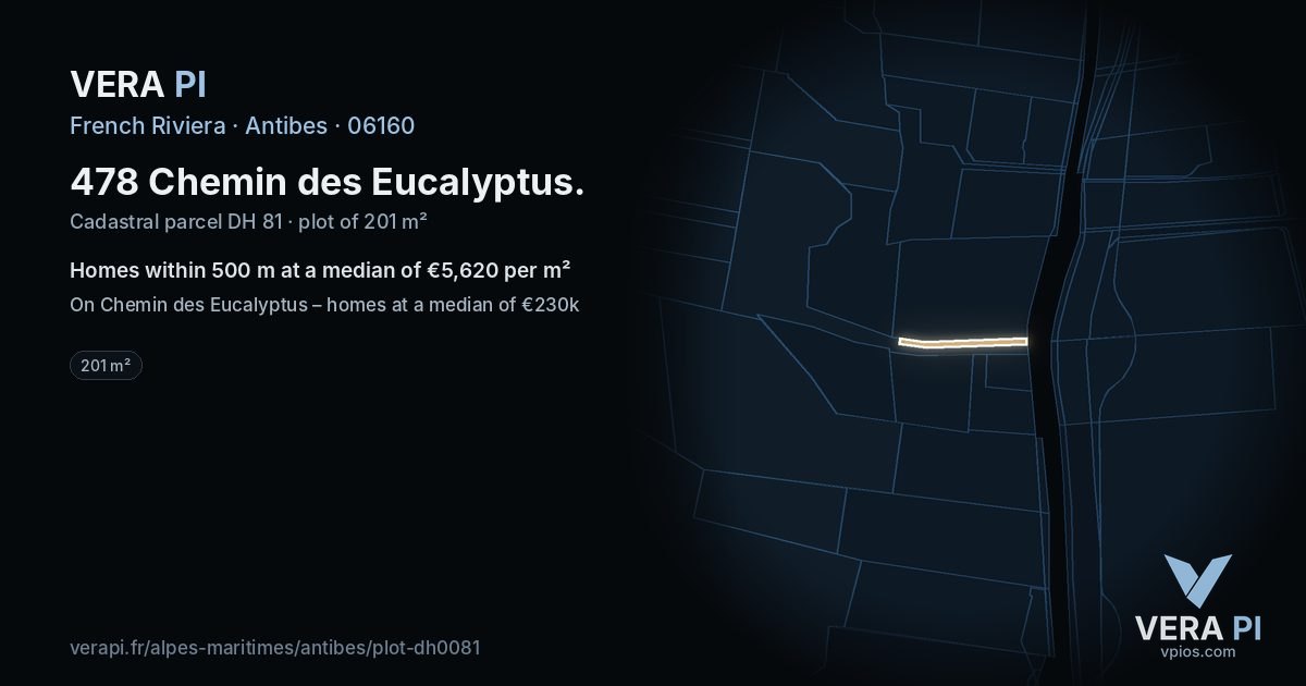 478 Chemin des Eucalyptus, Antibes at night – the plot lit, the parcels around coloured by the prices near them